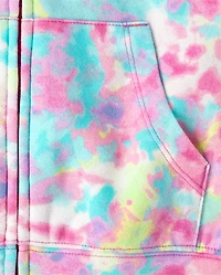 Girls Rainbow Tie Dye Fleece Cropped Zip Up Hoodie