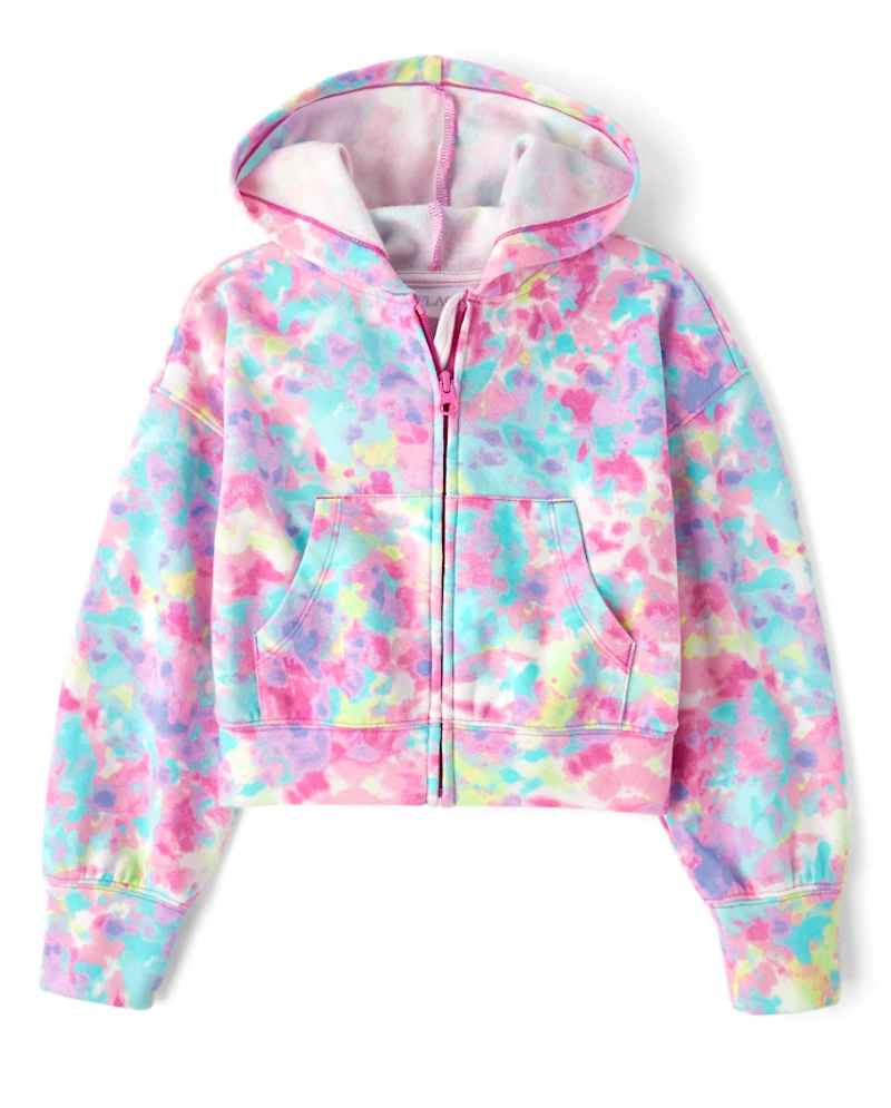 Girls Rainbow Tie Dye Fleece Cropped Zip Up Hoodie