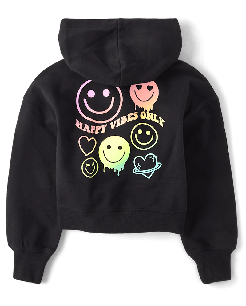 Girls Rainbow Happy Vibes Fleece Cropped Zip Up Hoodie