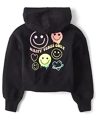 Girls Rainbow Happy Vibes Fleece Cropped Zip Up Hoodie