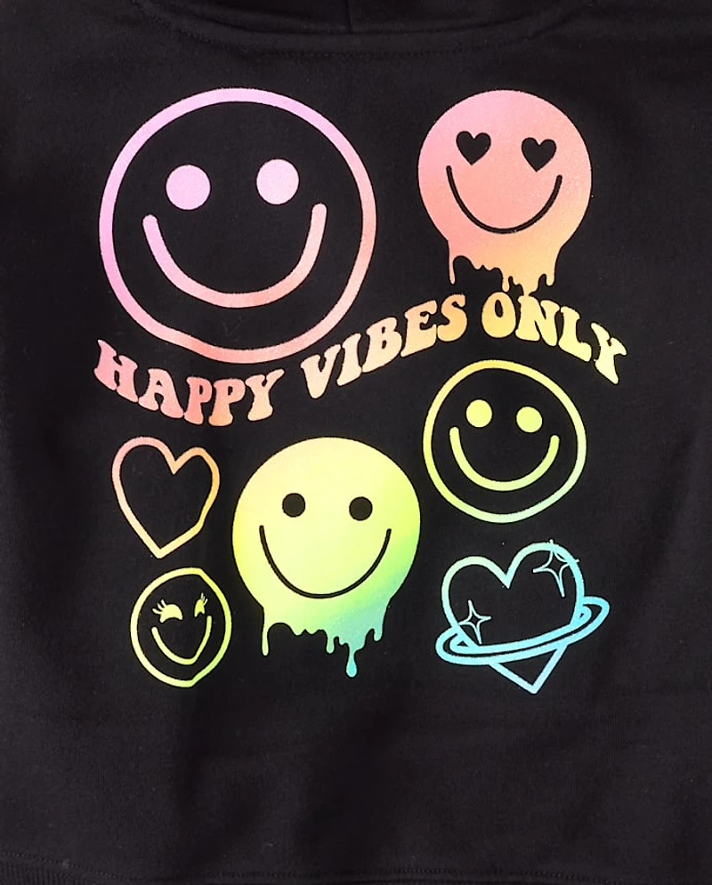 Girls Rainbow Happy Vibes Fleece Cropped Zip Up Hoodie