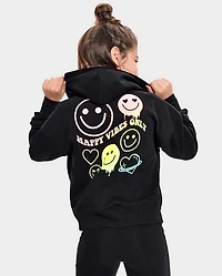 Girls Rainbow Happy Vibes Fleece Cropped Zip Up Hoodie