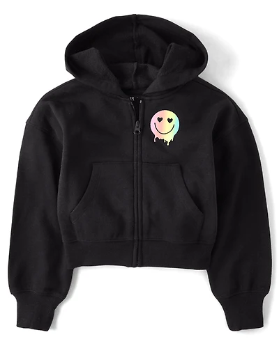 Girls Rainbow Happy Vibes Fleece Cropped Zip Up Hoodie