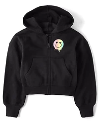Girls Rainbow Happy Vibes Fleece Cropped Zip Up Hoodie