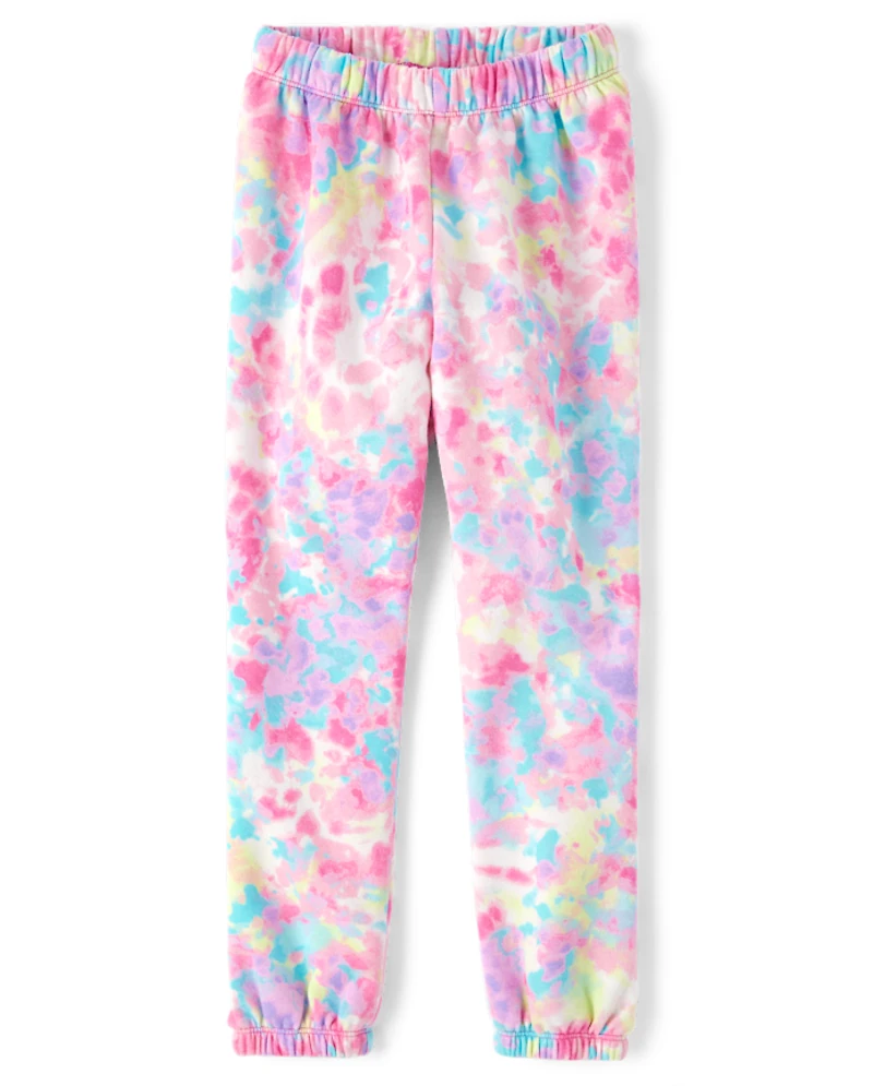 Girls Rainbow Tie Dye Fleece Jogger Pants