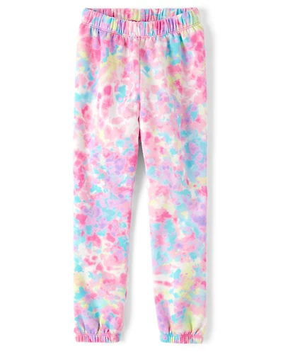 Girls Rainbow Tie Dye Fleece Jogger Pants