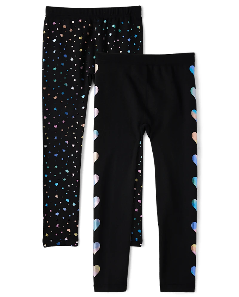 Girls Foil Heart Fleece Lined Leggings 2-Pack