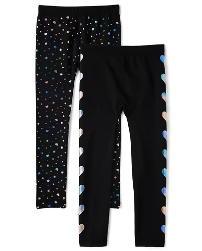 Girls Foil Heart Fleece Lined Leggings 2-Pack
