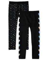 Girls Foil Heart Fleece Lined Leggings 2-Pack