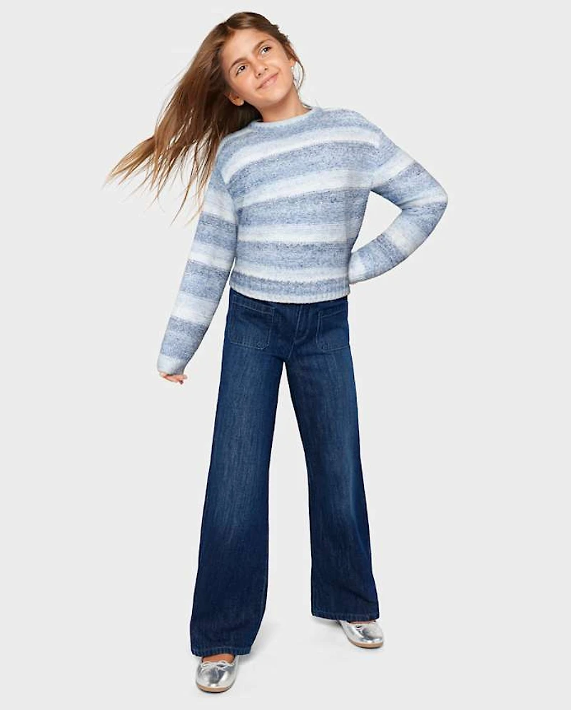 Girls Patch Pocket Wide Leg Jeans