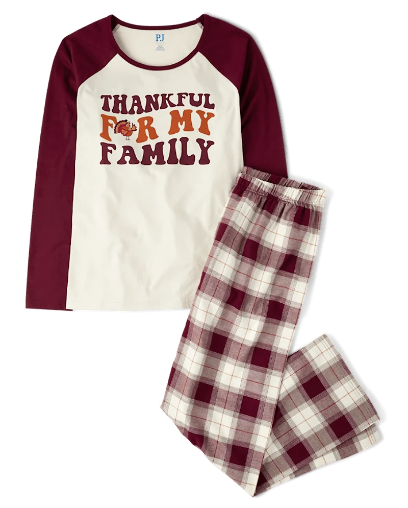 Womens Matching Family Thankful Cotton And Flannel Pajamas