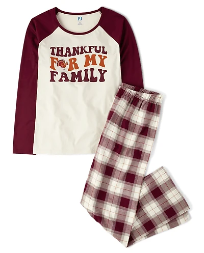 Womens Matching Family Thankful Cotton And Flannel Pajamas
