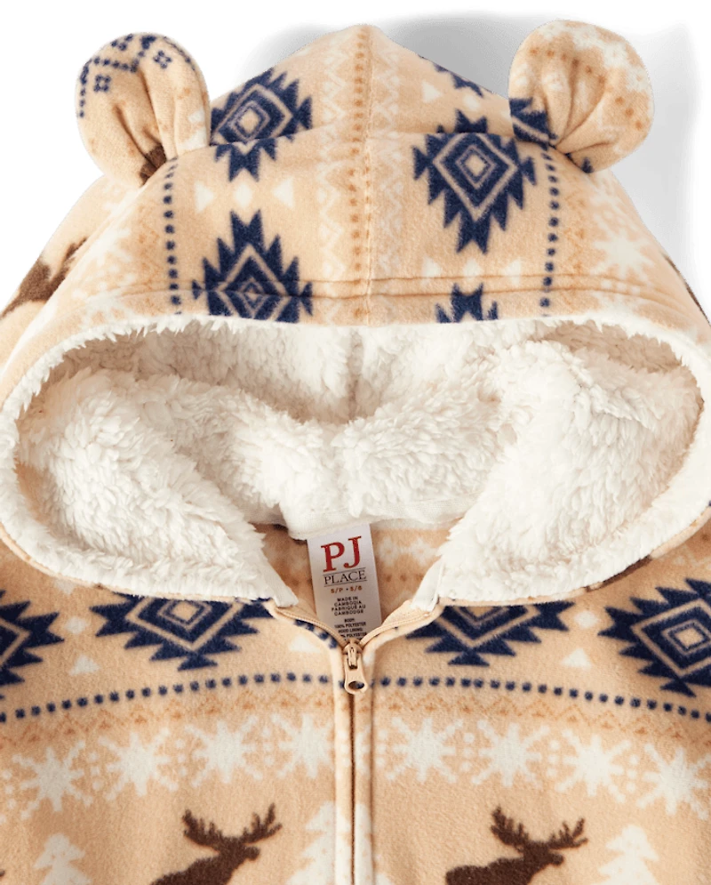 Kids Matching Family Bear Fairisle Microfleece Hooded One Piece Pajamas