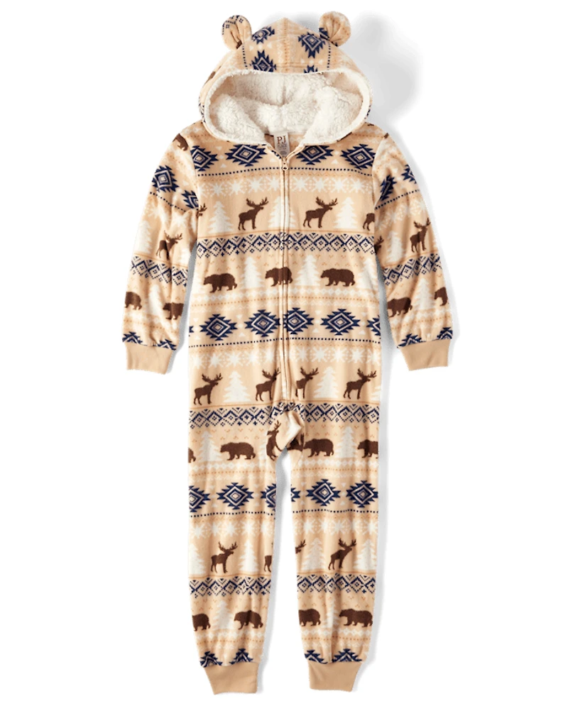 Kids Matching Family Bear Fairisle Microfleece Hooded One Piece Pajamas