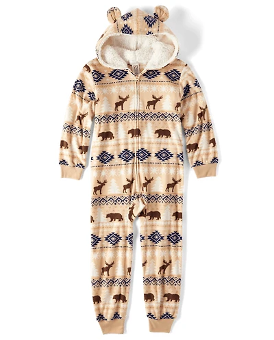 Kids Matching Family Bear Fairisle Microfleece Hooded One Piece Pajamas