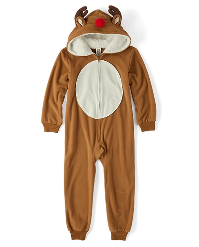 Kids Matching Family Reindeer Microfleece Hooded One Piece Pajamas