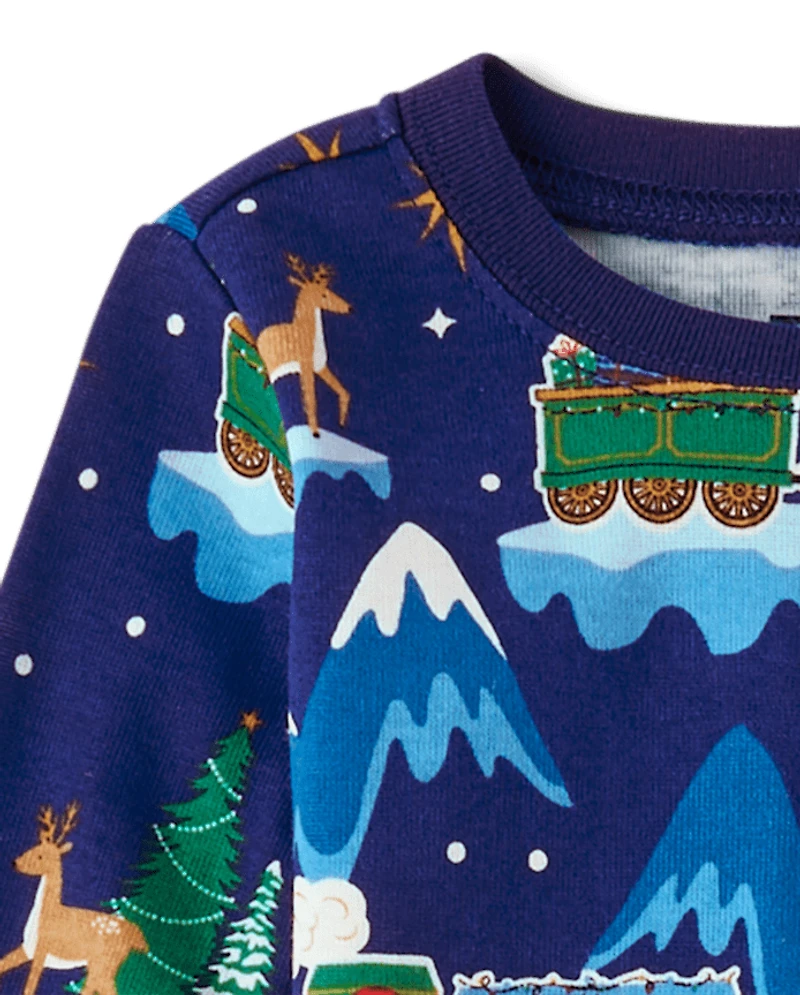 Pyjama en coton ajusté pour bébé et tout-petit, motif train de Noël lumineux