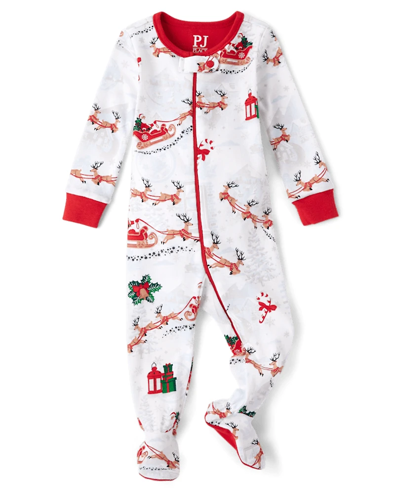 Baby And Toddler Matching Family Santa Sleigh Snug Fit Cotton Footed One Piece Pajamas