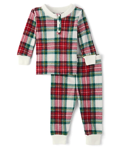 Baby And Toddler Matching Family Plaid Thermal Henley Pajamas