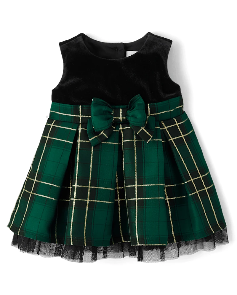 Baby Girls Matching Family Plaid Velour Fit And Flare Dress