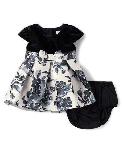 Baby Girls Floral Velour Fit And Flare Dress