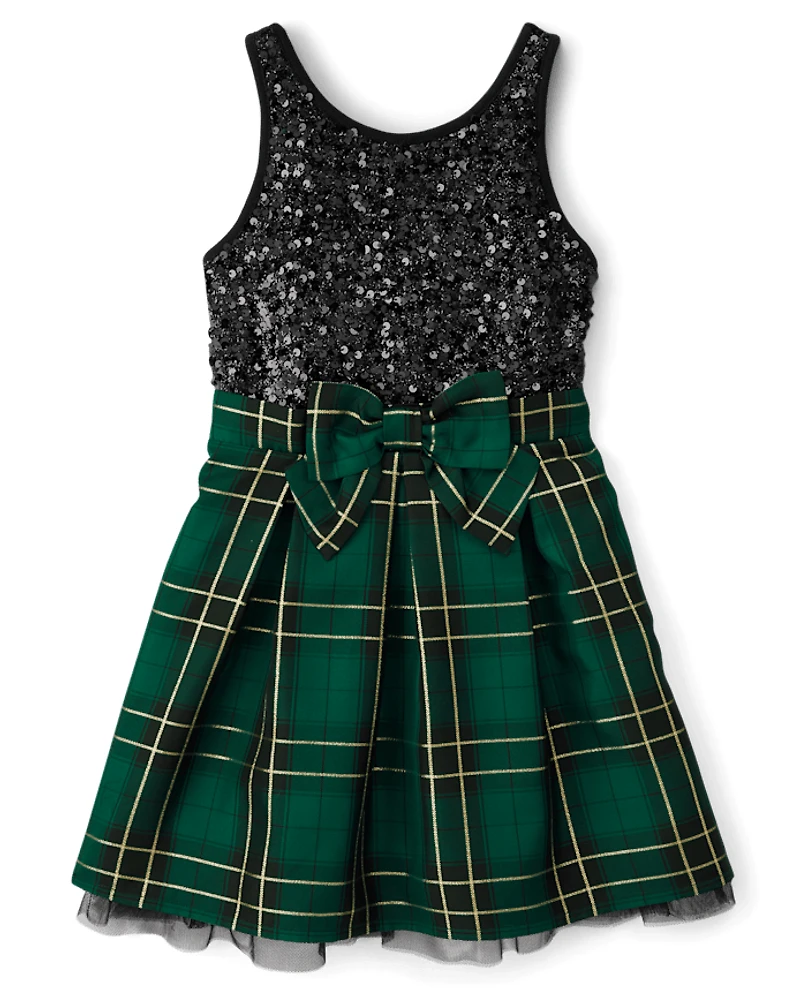 Girls Matching Family Plaid Sequin Fit And Flare Dress