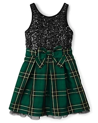 Girls Matching Family Plaid Sequin Fit And Flare Dress
