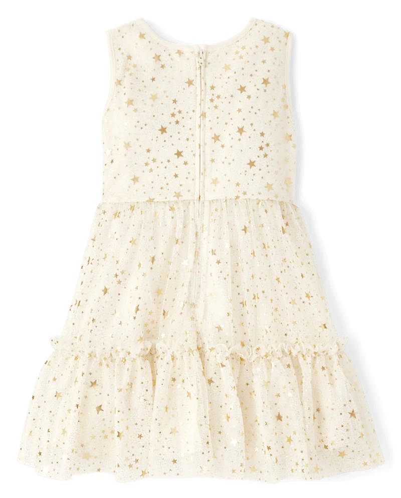 Girls Foil Star Mesh Ruffle Dress