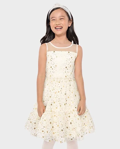 Girls Foil Star Mesh Ruffle Dress