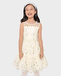 Girls Foil Star Mesh Ruffle Dress