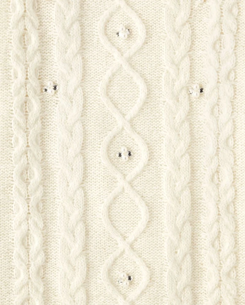 Girls Beaded Cable Knit Sweater Dress