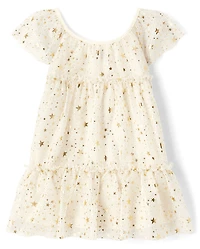 Baby And Toddler Girls Foil Star Mesh Tiered Dress