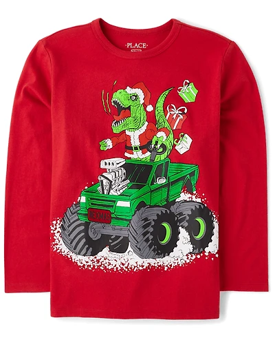 Boys Christmas Dino Truck Graphic Tee
