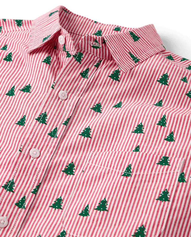 Mens Dad And Me Christmas Tree Poplin Button Up Shirt