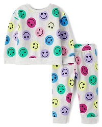Toddler Girls Rainbow Happy Face Fleece 2-Piece Outfit Set