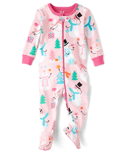 Pyjama une pièce en coton ajusté avec pieds pour bébé et petite fille, motif bonhomme de neige