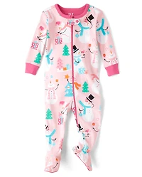Pyjama une pièce en coton ajusté avec pieds pour bébé et petite fille, motif bonhomme de neige