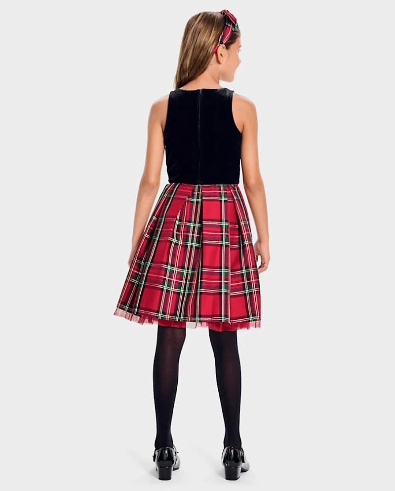 Girls Matching Family Plaid Velour Fit And Flare Dress