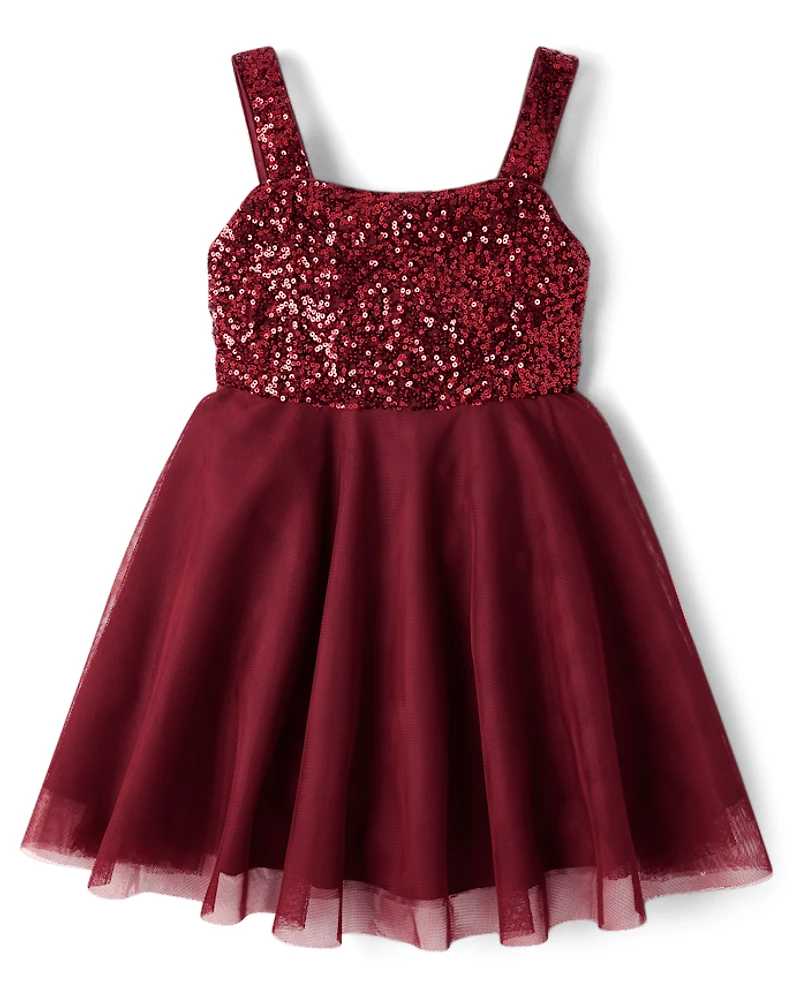 Girls Sequin Mesh Fit & Flare Dress