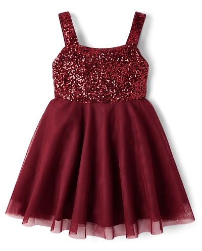 Girls Sequin Mesh Fit & Flare Dress