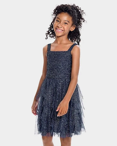 Girls Glitter Mesh Ruffle Dress