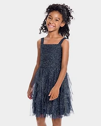 Girls Glitter Mesh Ruffle Dress