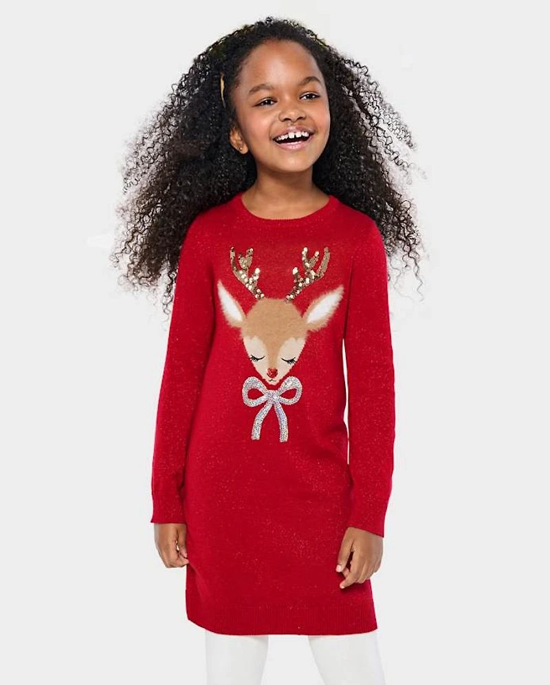 Girls Sequin Reindeer Sweater Dress