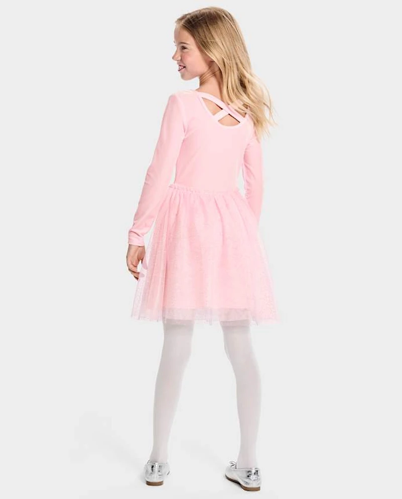 Girls Cross Back Glitter Velour Tutu Dress