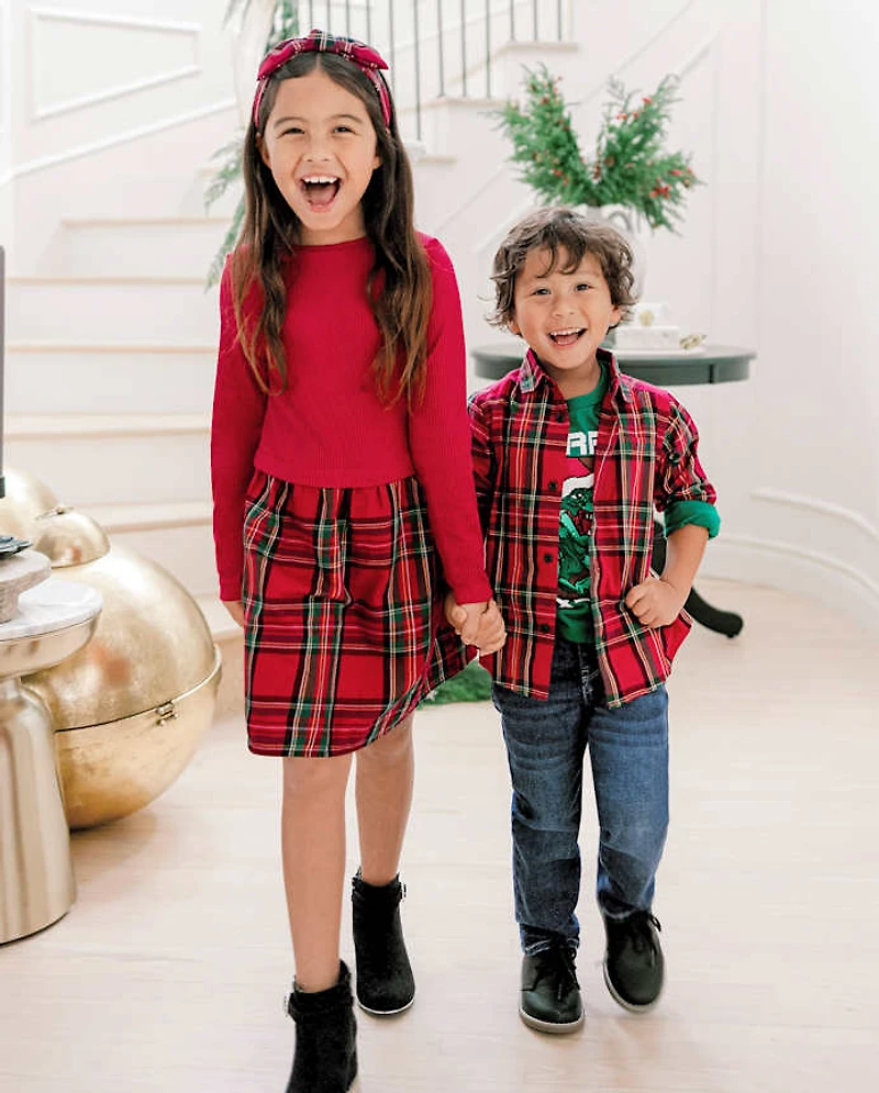 Girls Plaid Ribbed Fit And Flare Dress