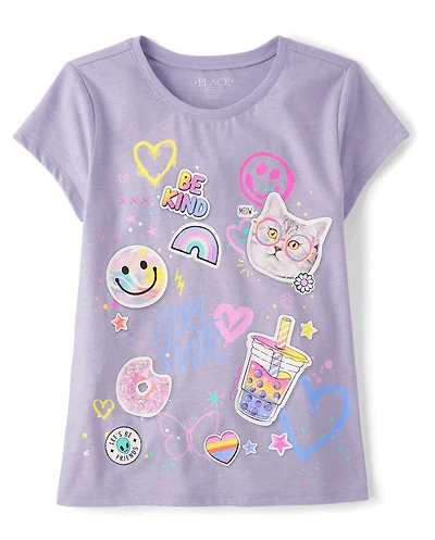 T-shirt graphique à motif doodle autocollant pour fille