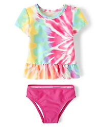 Baby And Toddler Girls Rainbow Tie Dye Peplum Rashguard Swimsuit