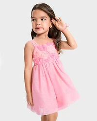 Baby And Toddler Girls 3D Rosette Mesh Fit Flare Dress
