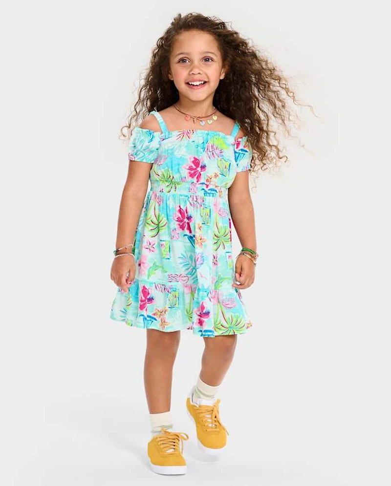 Toddler Girls Matching Family Tropical Off Shoulder Dress