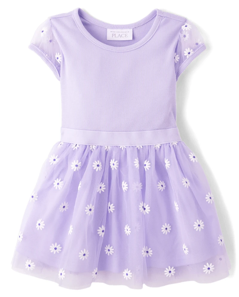 Baby And Toddler Girls 3D Daisy Mesh Fit Flare Dress